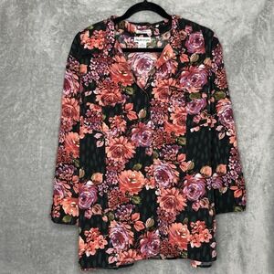 Apparenza 2X Top Shirt Pink Floral Flower 3/4 Sleeve Button Up V Neck Stretch